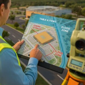 alta survey - A professional land surveyor examining a commercial property map with Table A items such as zoning setbacks, flood zones, and utility lines highlighted.