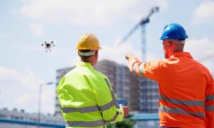 Surveyors wearing safety helmets operating a drone surveying a construction site with cranes and buildings in the background.