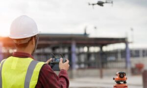Licensed surveyor operating a UAV survey drone on a construction site