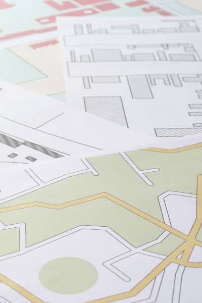 Technical property maps and planning documents showing how a due diligence survey identifies true land boundaries