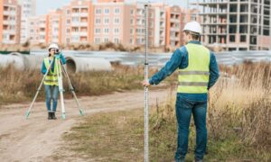 Urban redevelopment land surveyors - ALTA SURVEY New York Surveyors using measuring equipment to perform a boundary line survey at a neighborhood redevelopment site