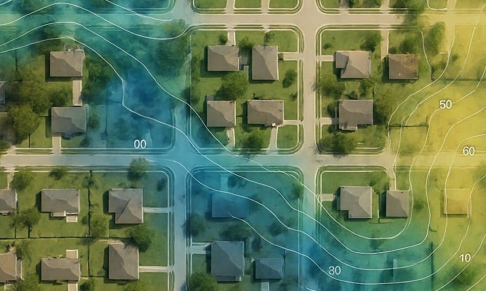 Neighborhood elevation contour map aerial - ALTA SURVEY New York Aerial view of a neighborhood with elevation contour lines used to understand flood risk through an elevation certificate