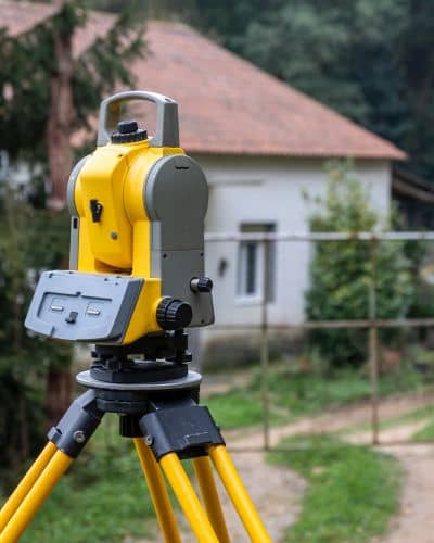 Residential land survey equipment tripod - ALTA SURVEY New York Surveying instrument on a tripod in a residential area used to measure property elevation for an elevation certificate