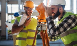 Construction surveyor checking site layout on an active building site