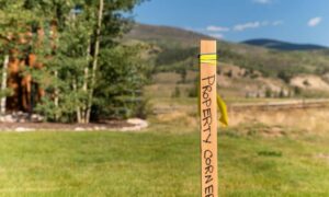 Property corner stake with survey flagging used as land surveying boundary evidence