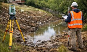 Realistic 3D topographic map of a property showing slopes, low spots, trees, streams, and water flow patterns