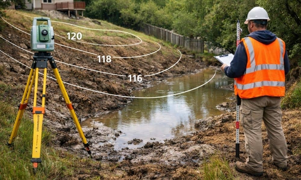 Realistic 3D topographic map of a property showing slopes, low spots, trees, streams, and water flow patterns