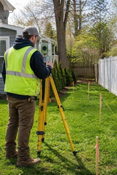 Surveyor marking property lines in a residential yard before construction begins