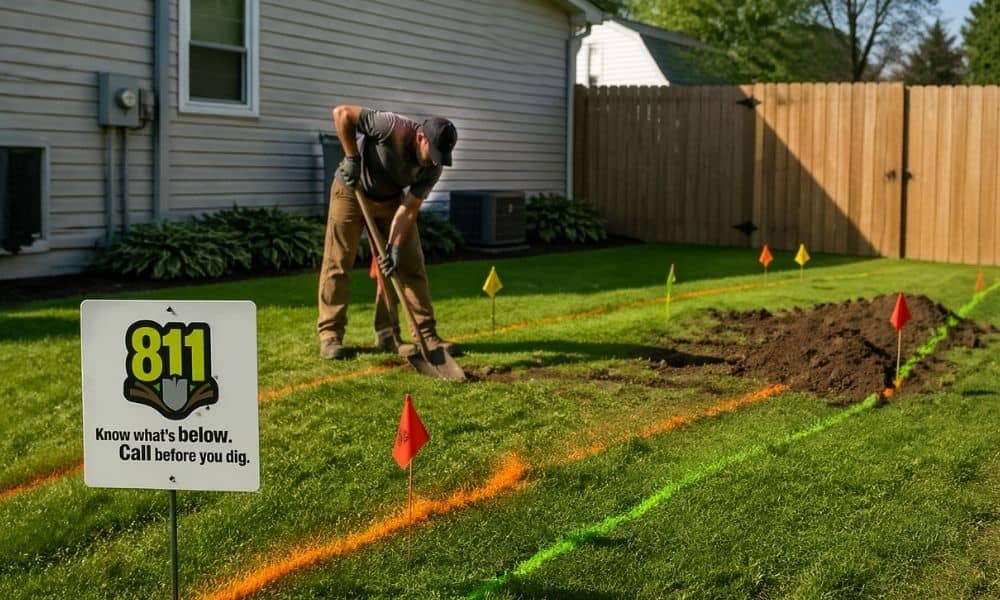 Homeowner preparing to dig in backyard during a spring project before checking property lines