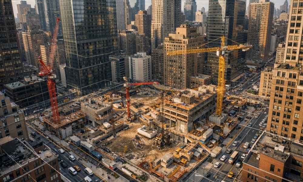 Mixed-use redevelopment construction site with cranes and surrounding high-rise buildings, showing active urban development where an ALTA survey is essential for planning and site accuracy.