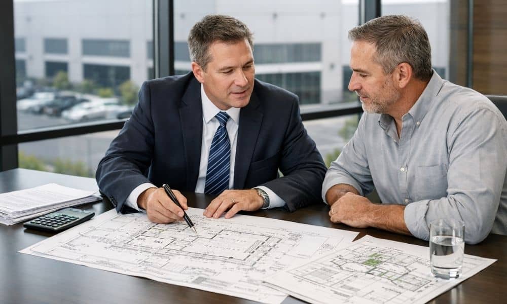 Closing attorney reviewing an ALTA survey with a commercial property owner during a commercial refinance