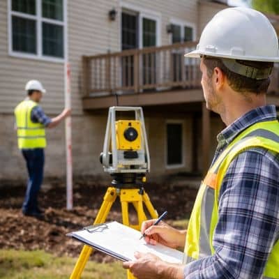 Land surveyor measuring home elevation - ALTA SURVEY New York Licensed land surveyor measuring home elevation during an elevation survey near a residential foundation