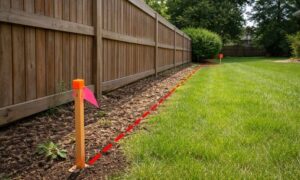 Backyard fence not aligned with property line markers showing true boundary with survey stakes