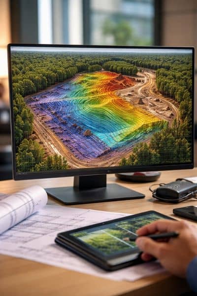 A professional reviewing a 3D digital terrain model of a construction site for aerial surveying analysis