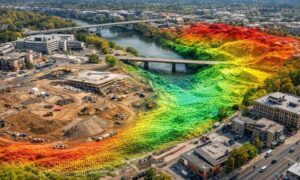 Aerial view of a city and construction site with a LiDAR point cloud overlay showing terrain elevation changes used for lidar mapping in infrastructure planning