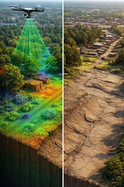 LiDAR mapping point cloud showing terrain elevation and ground surface used for infrastructure planning