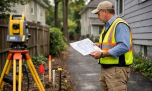 Land surveyor conducting a boundary survey near a residential driveway on an older residential lot
