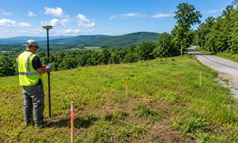 Licensed land surveyor conducting a land survey before purchasing vacant land for future residential development