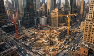 Mixed-use redevelopment construction site with cranes and surrounding high-rise buildings, showing active urban development where an ALTA survey is essential for planning and site accuracy.