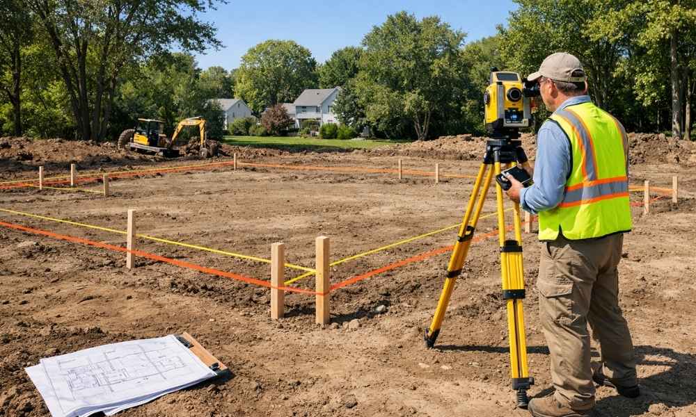 Surveyor using a total station for construction staking to mark a residential foundation layout before excavation begins