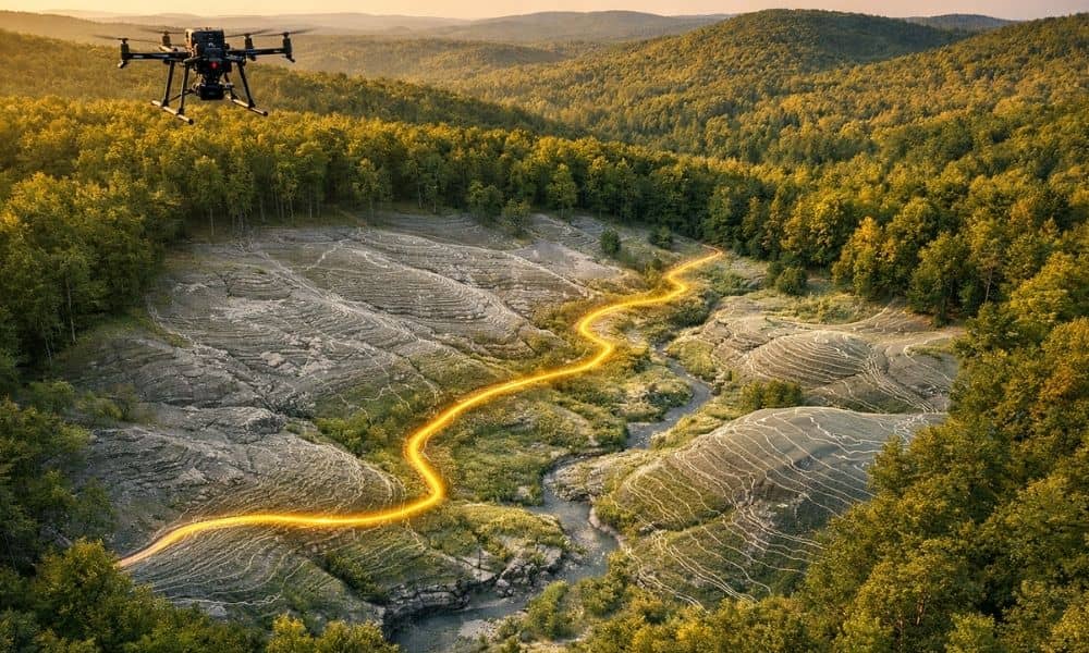 A drone flies over a wooded hillside as a LiDAR terrain map reveals the ground beneath the trees and highlights the best route for a long driveway