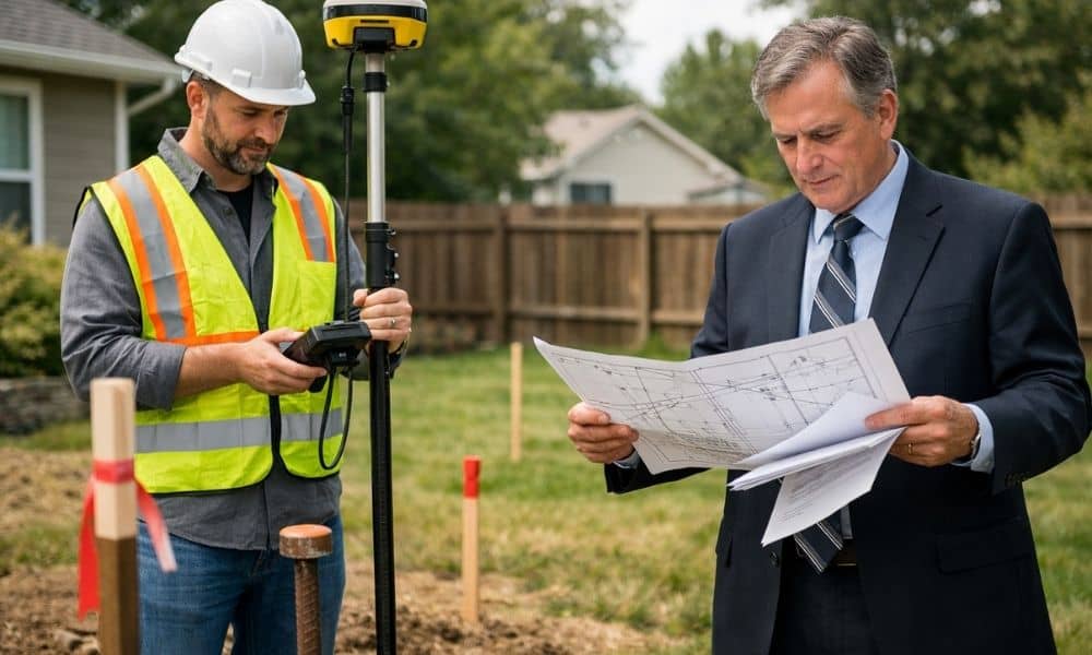 An attorney reviews a land survey while a surveyor marks a residential property boundary