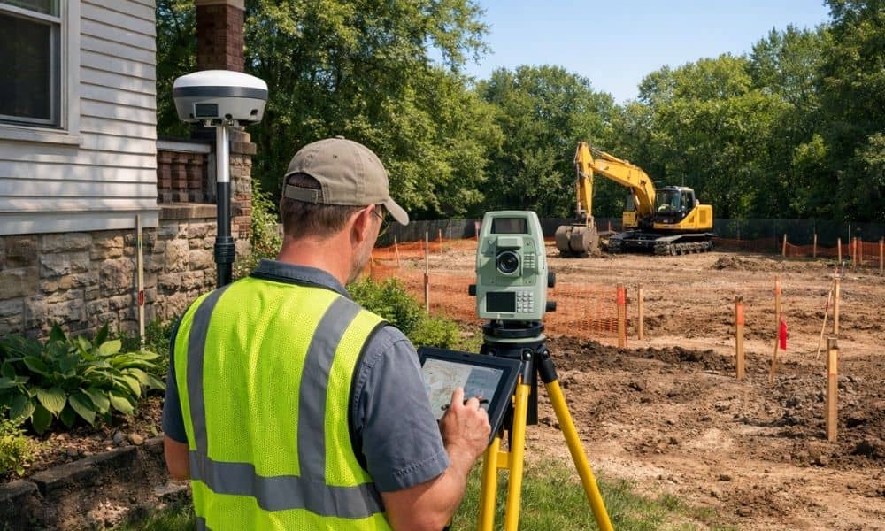 A licensed land surveyor documents an existing home's conditions before construction begins on the neighboring property