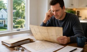 Property line survey records homeowner reviewing old survey - ALTA SURVEY New York A homeowner reviews old property line survey records at a kitchen table while comparing them with current property documents