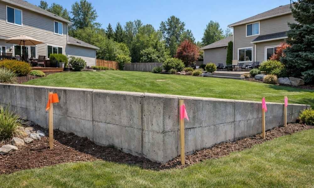Boundary survey stakes marking a shared retaining wall between neighboring residential properties on a sloped lot