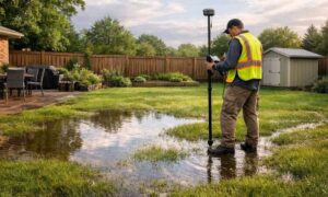 Surveyor performing a topographic survey in a backyard with standing water after wet summers to support drainage improvements
