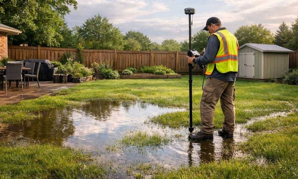 Surveyor performing a topographic survey in a backyard with standing water after wet summers to support drainage improvements