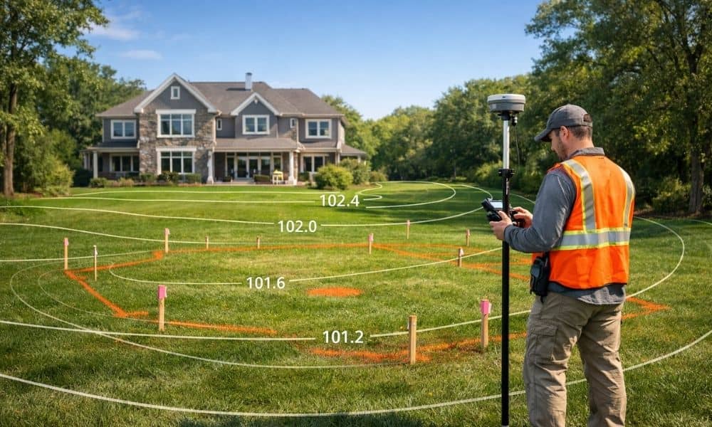Land surveyor performing a topographic survey in a residential backyard before installing a patio, outdoor kitchen, pergola, and other outdoor living features