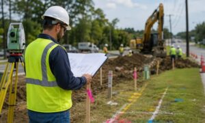 Licensed land surveyor reviewing easement records before a utility upgrade to verify legal work boundaries