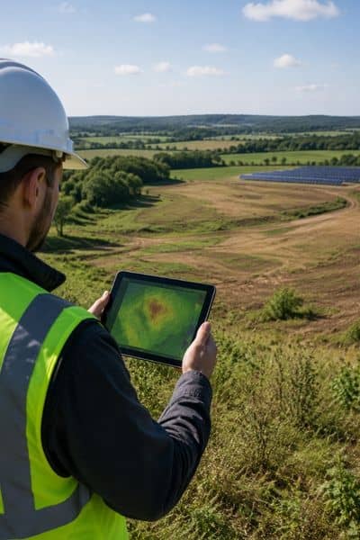 Drone land surveying site evaluation solar project - ALTA SURVEY New York Surveyor reviewing drone land surveying data while evaluating land for a solar project