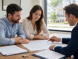 Couple reviewing a loan closing survey and property documents with an advisor