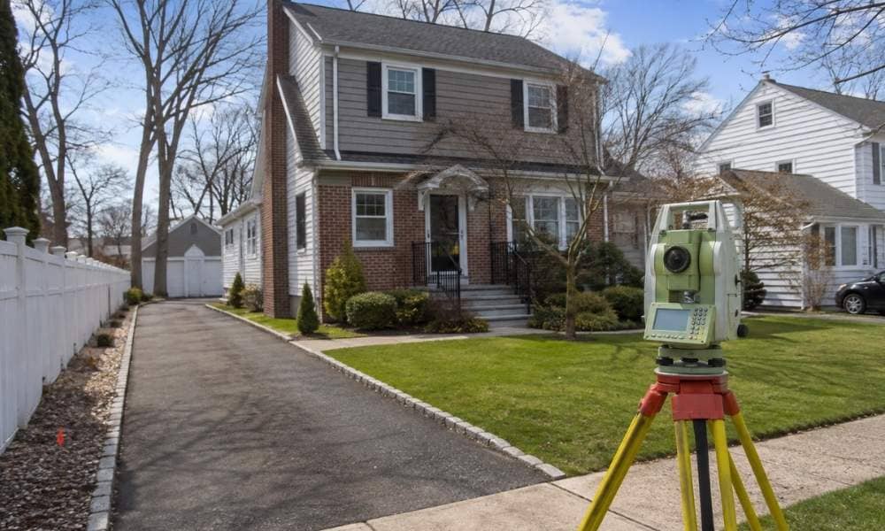 Survey equipment set up outside a New York home for a mortgage survey