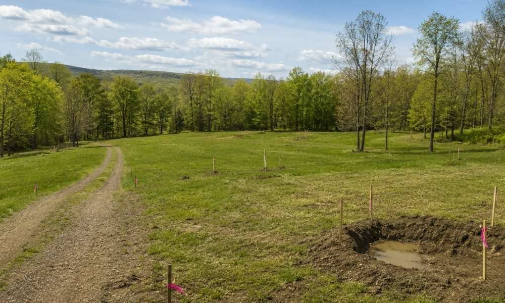 New york perc test site - ALTA SURVEY New York Rural New York land with a marked perc test area and survey stakes before building